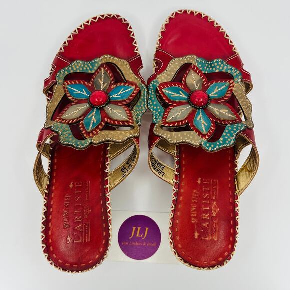 L'Artiste Spring Step Women's Enah Red Leather Floral Sandals Size 39 EU/ 8.5 US - Picture 9 of 13